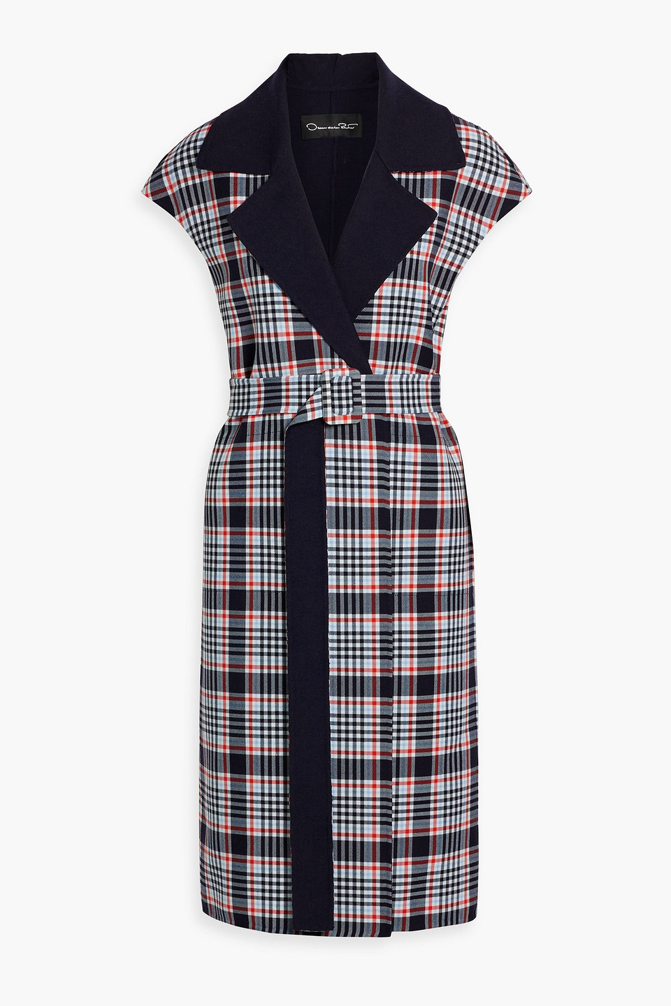 Shop Oscar De La Renta Belted Checked Wool-blend Jacquard Coat In Navy