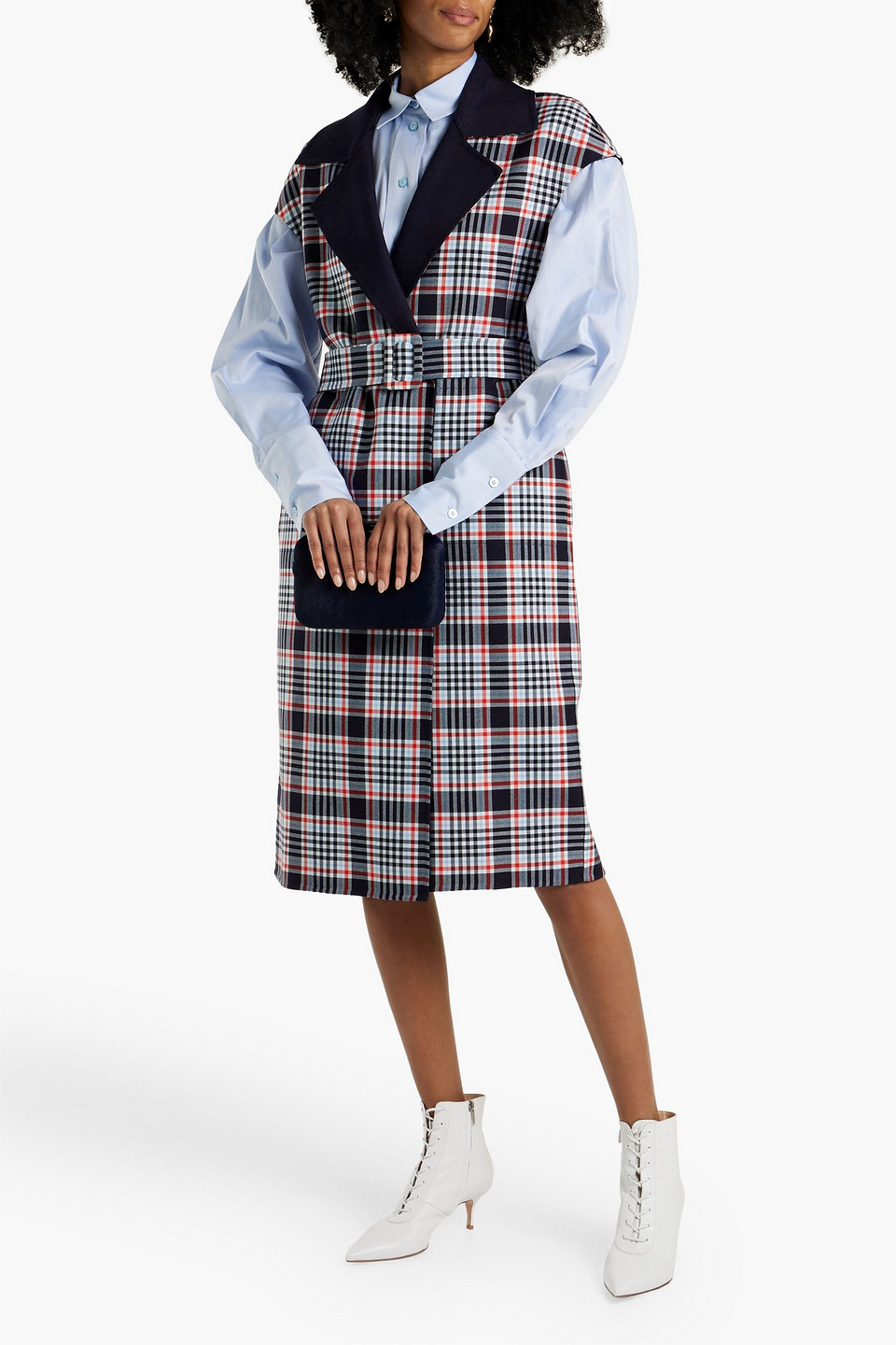 Shop Oscar De La Renta Belted Checked Wool-blend Jacquard Coat In Navy