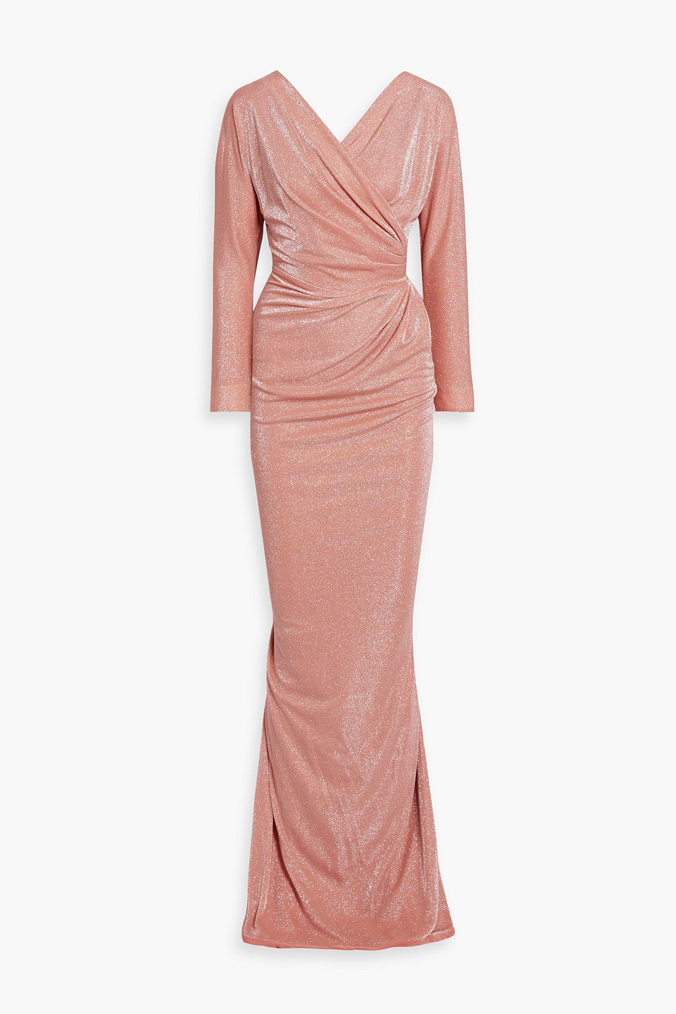 Rhea Costa Wrap-effect Glittered Jersey Gown In Rose Gold