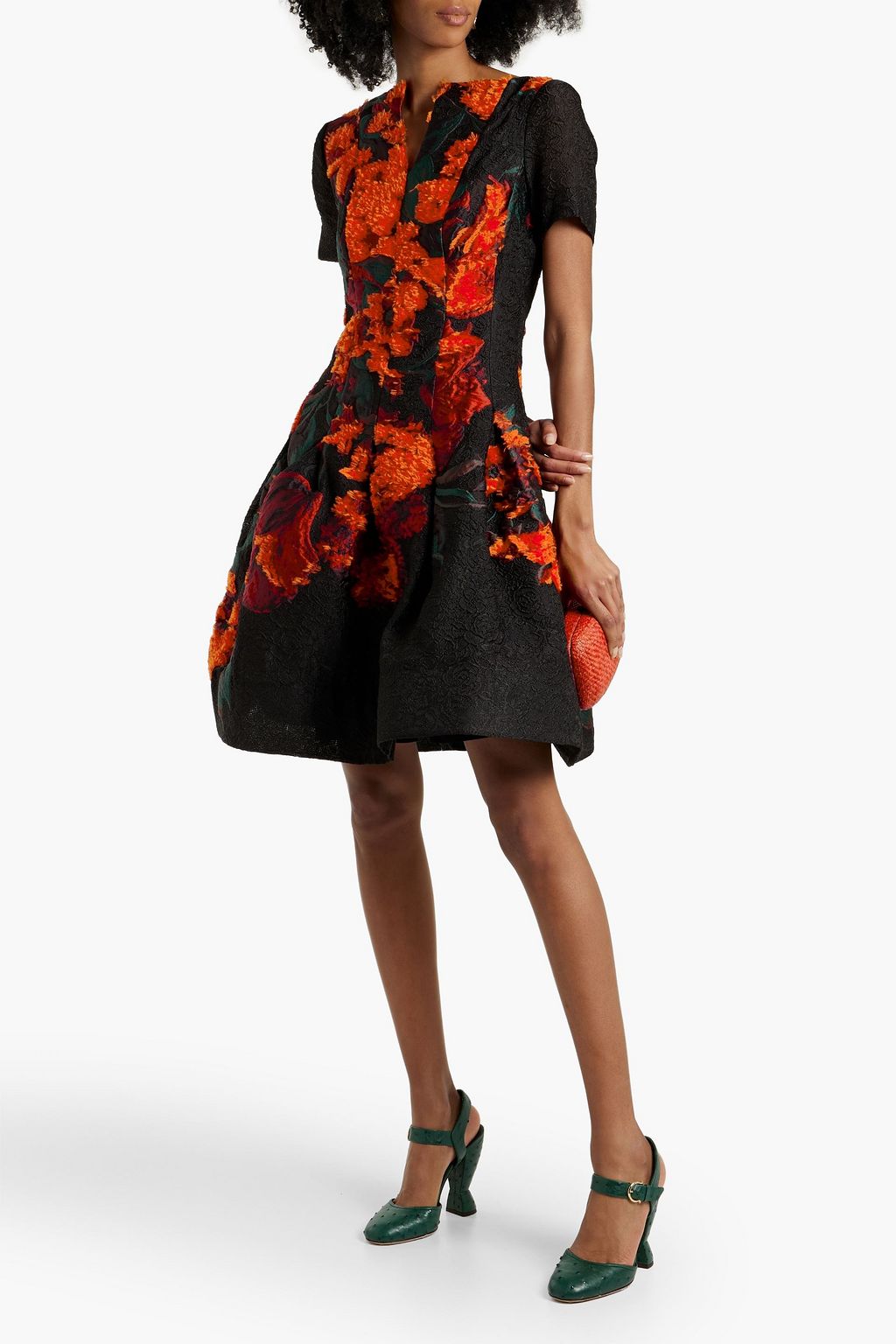 OSCAR DE LA RENTA Pleated floral cloqué-jacquard dress