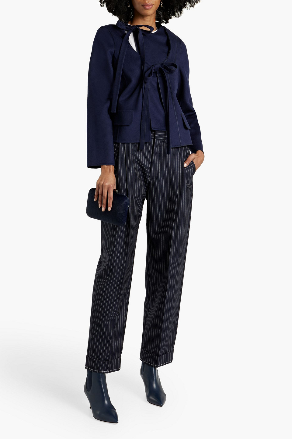 Shop Oscar De La Renta Tie-detailed Wool And Cashmere-blend Felt Jacket In Navy