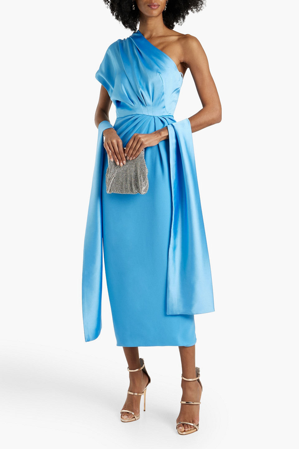 Shop Rhea Costa One-shoulder Draped Satin-crepe Midi Dress In Turquoise