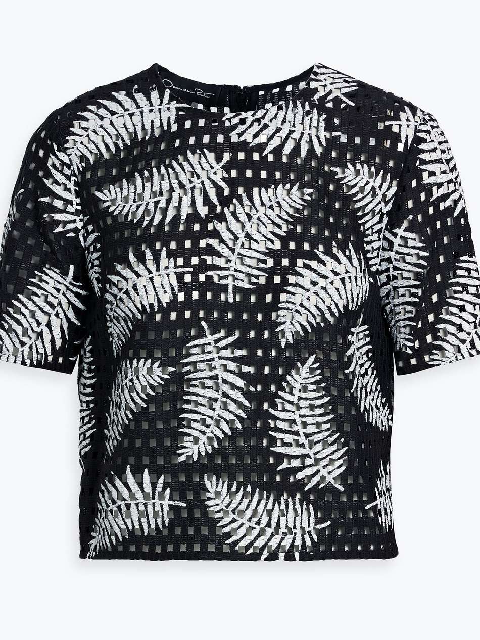 printed cotton-blend macramé top