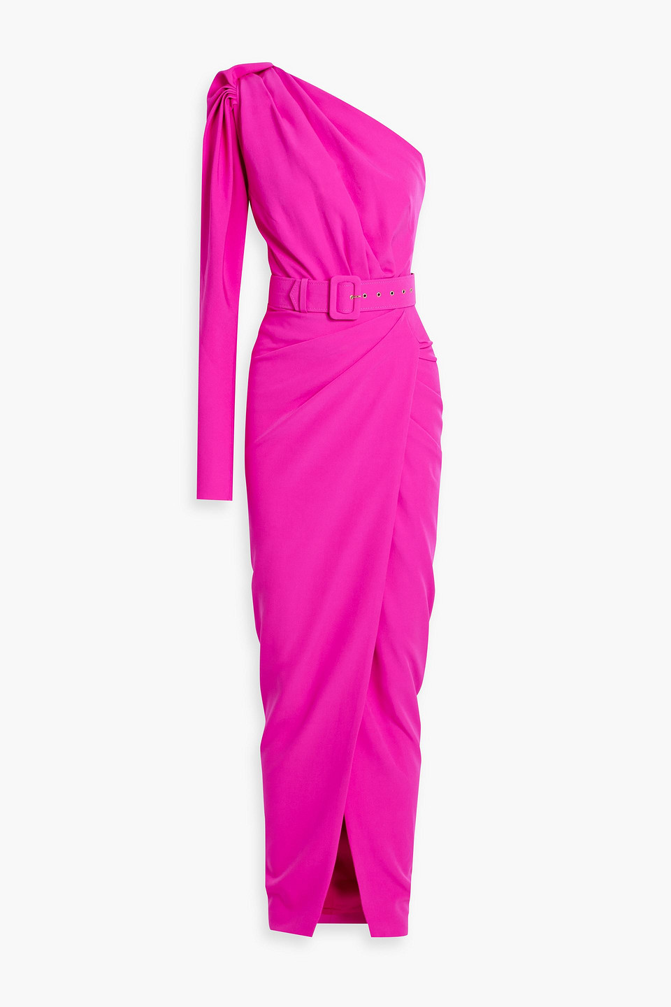 Rhea Costa One-sleeve Belted Cady Maxi Dress In Fuchsia