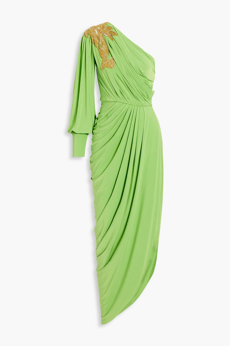 Rhea Costa One-shoulder Embellished Draped Cady Gown In Bright Green