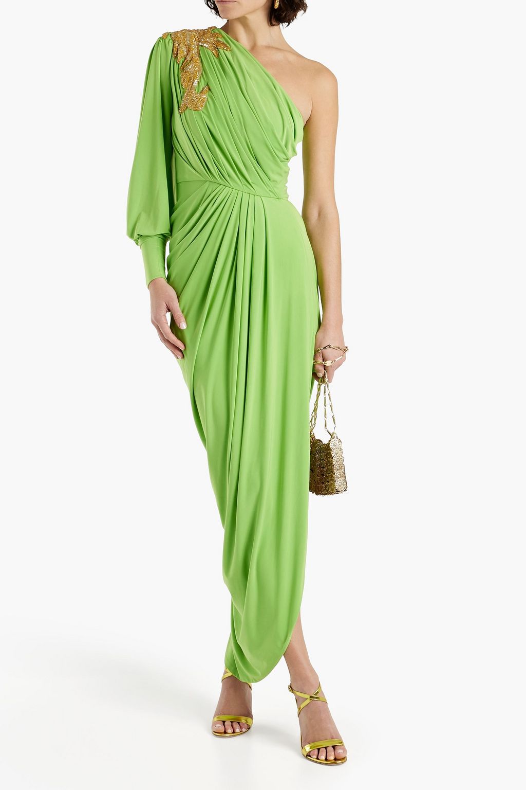 RHEA COSTA One-shoulder embellished draped cady gown