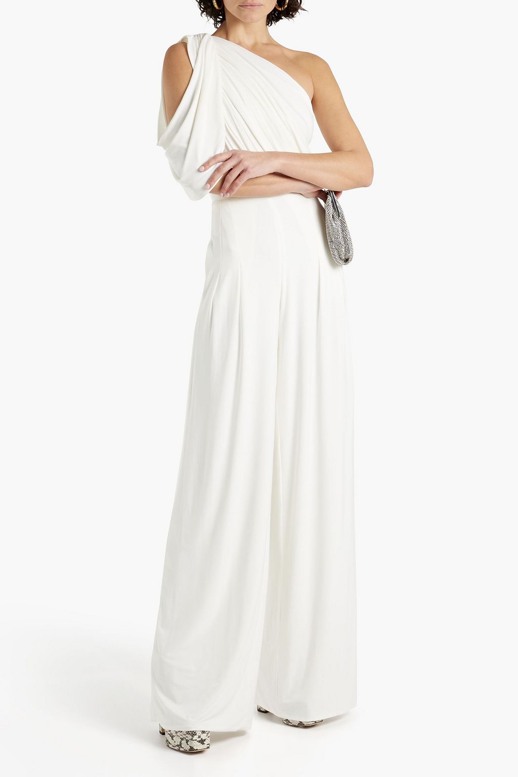 RHEA COSTA One-shoulder draped jersey wide-leg jumpsuit