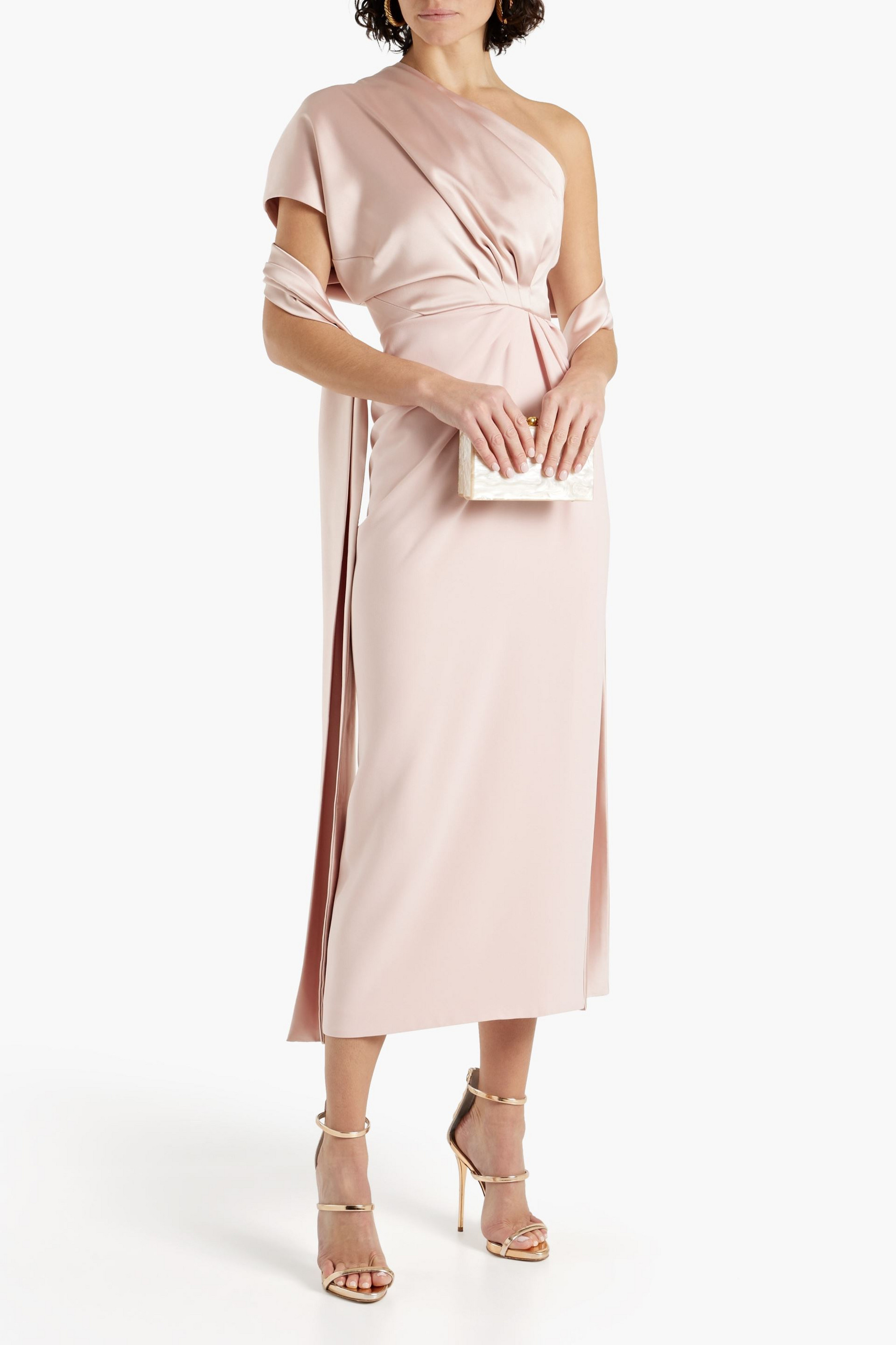 RHEA COSTA One-shoulder draped satin-crepe midi dress
