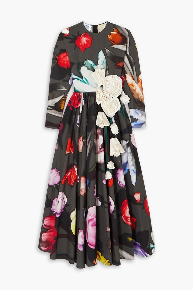 Appliquéd floral-print cotton-sateen gown