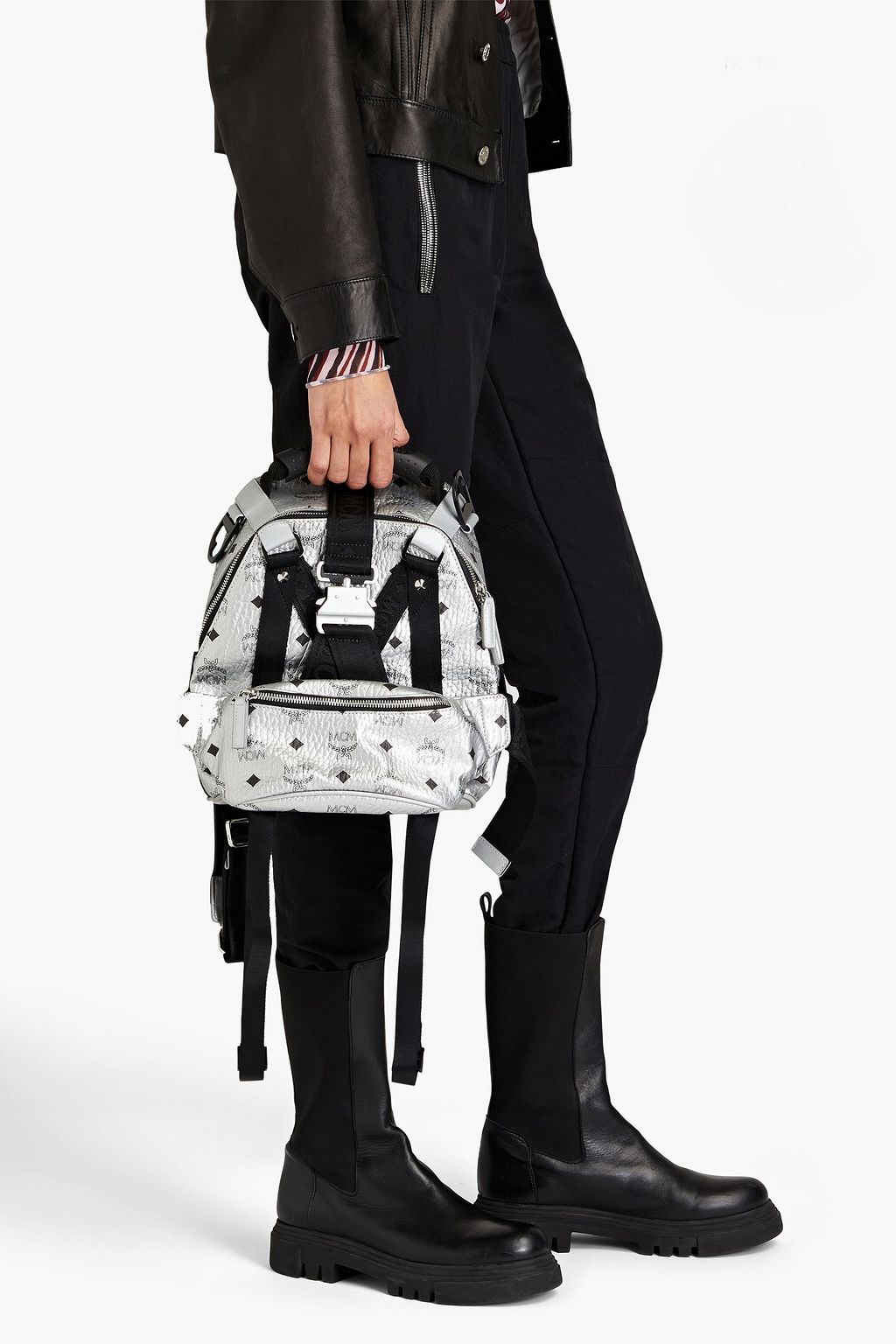 MCM Convertible metallic logo-print faux pebbled-leather backpack
