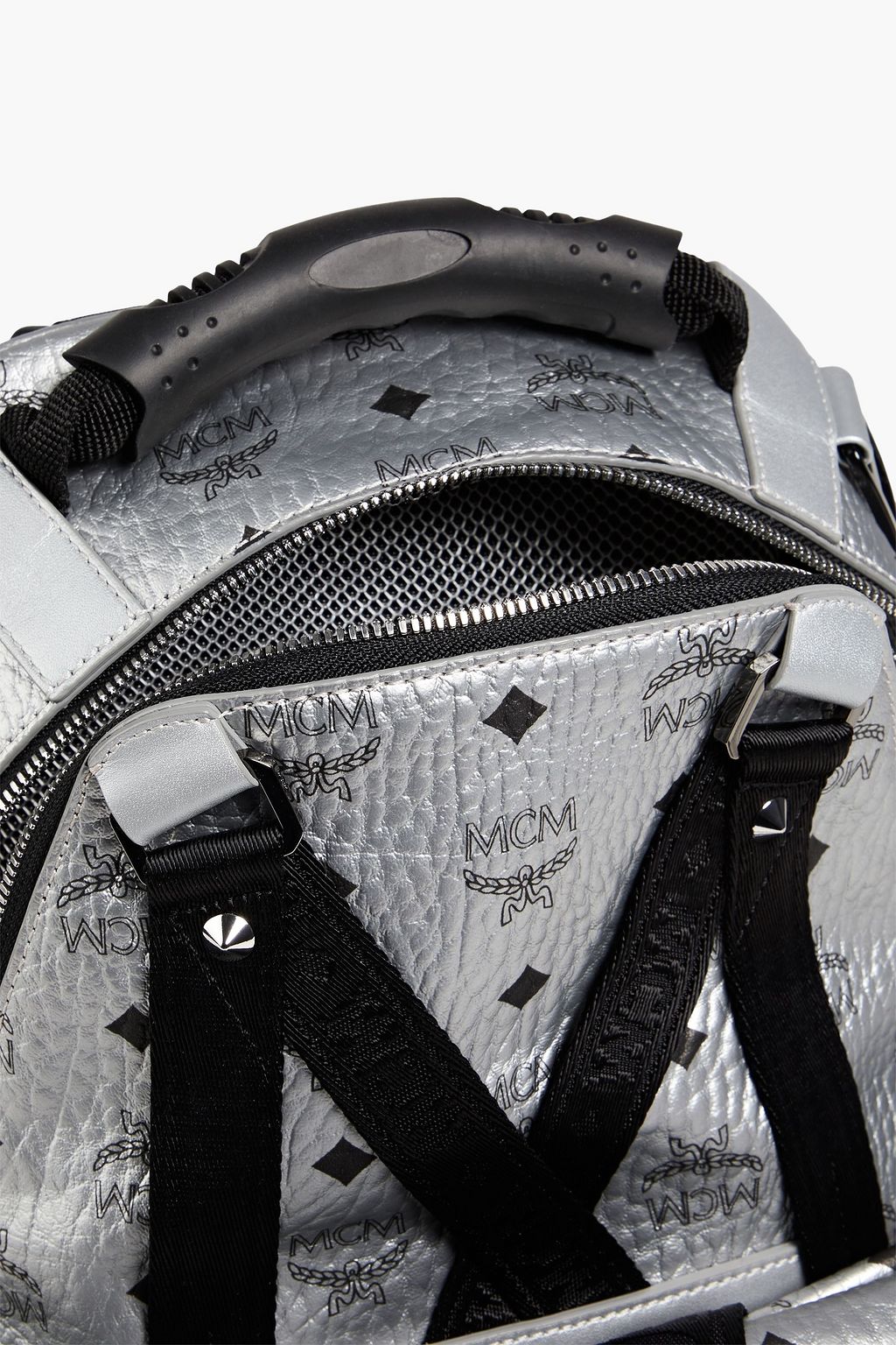 MCM Convertible metallic logo-print faux pebbled-leather backpack