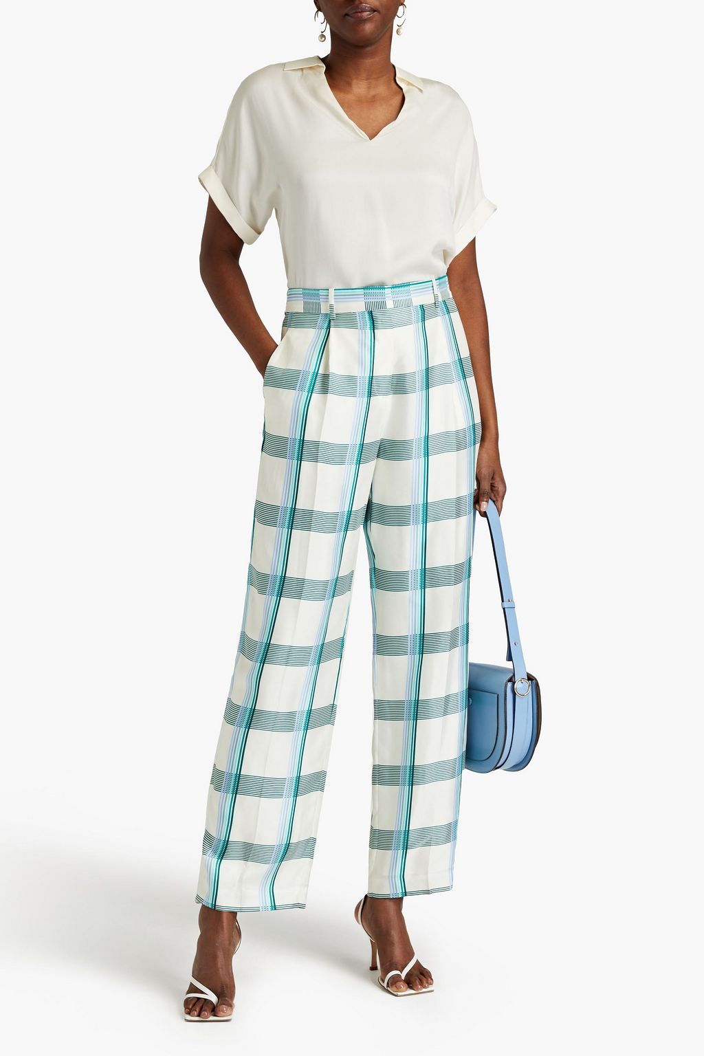 VICTORIA BECKHAM Pleated checked silk-twill straight-leg pants