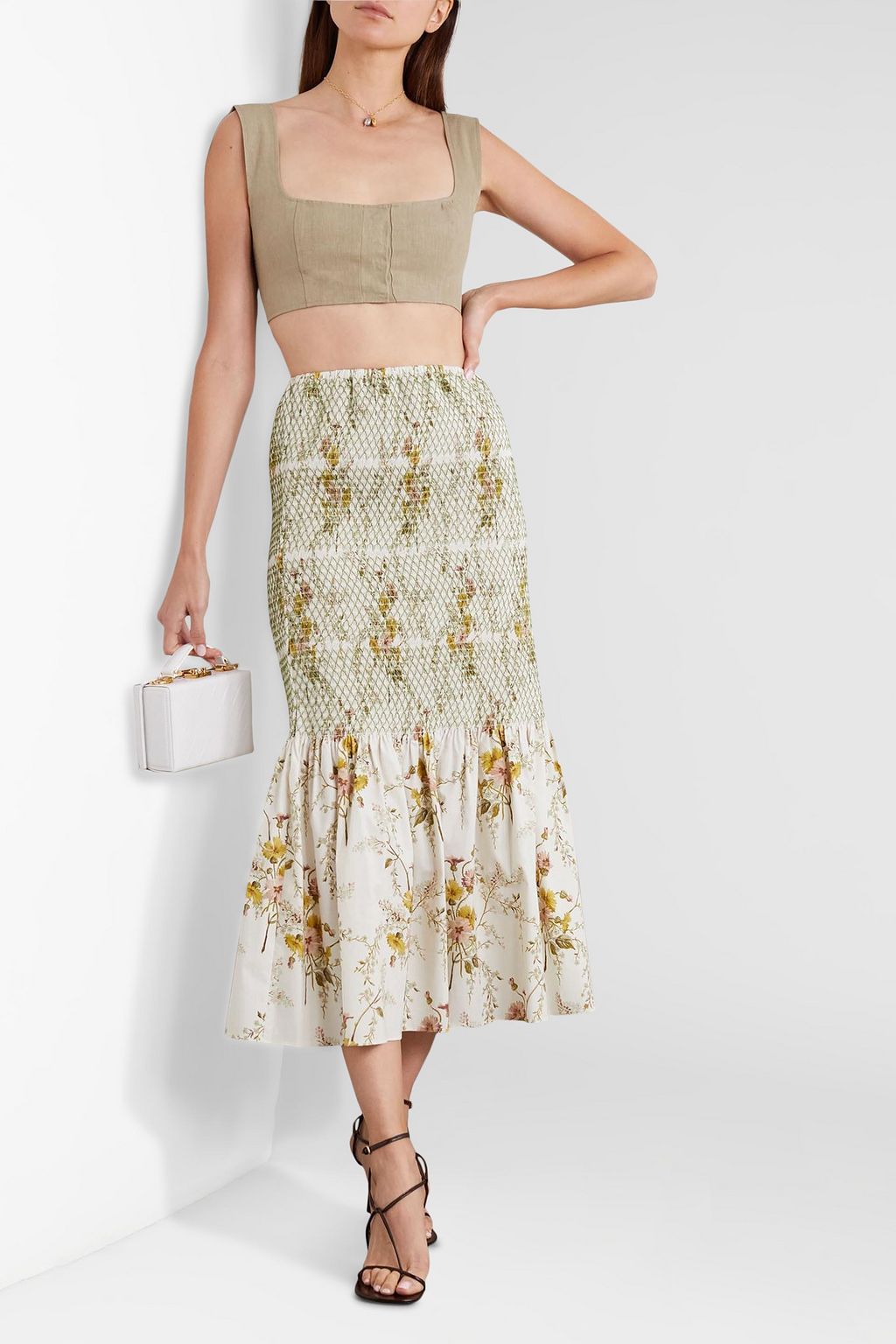 BROCK COLLECTION Smocked floral-print stretch-cotton midi skirt