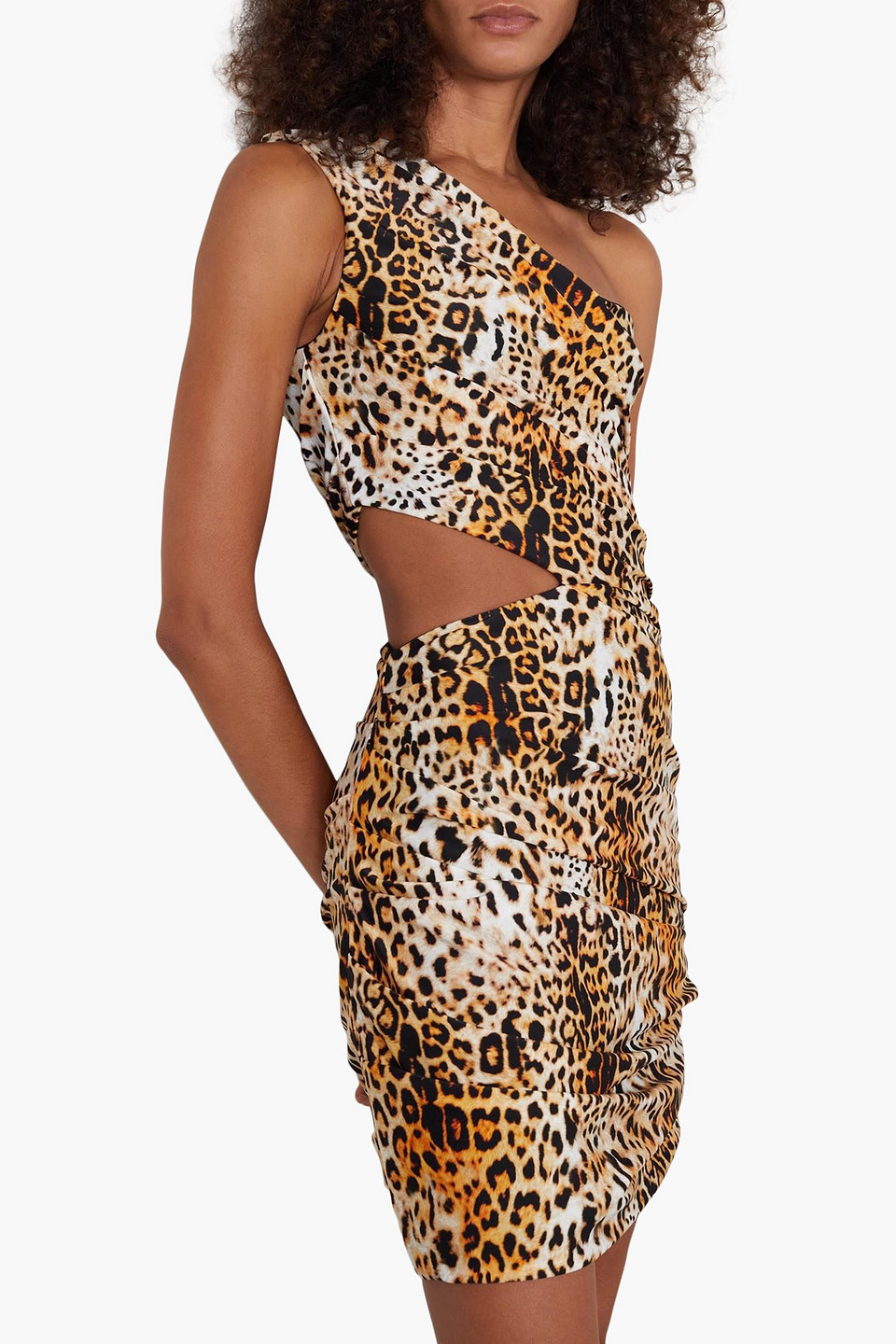 Shop Halpern One-shoulder Cutout Leopard-print Stretch-jersey Mini Dress In Animal Print