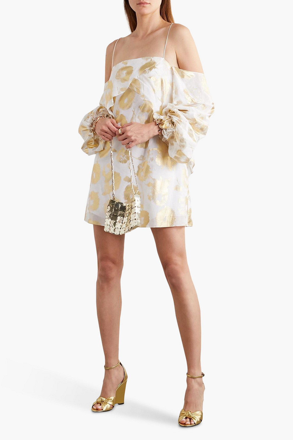 Shop Halpern Cold-shoulder Metallic Floral-print Cotton-voile Mini Dress In Gold