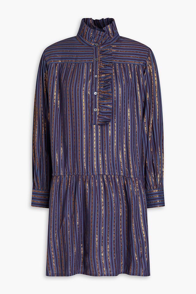 Striped metallic jacquard mini shirt dress