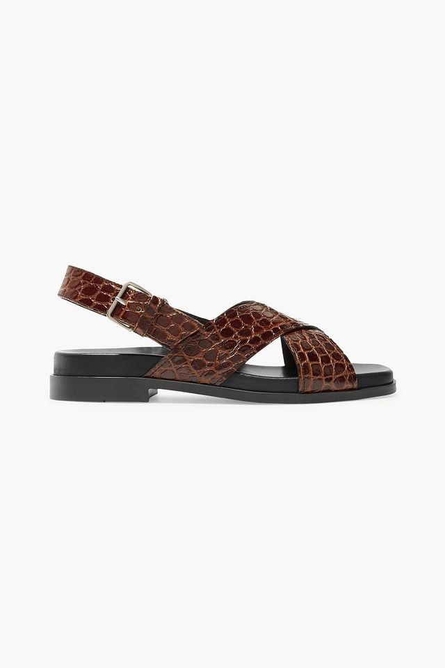 Croc-effect leather slingback sandals