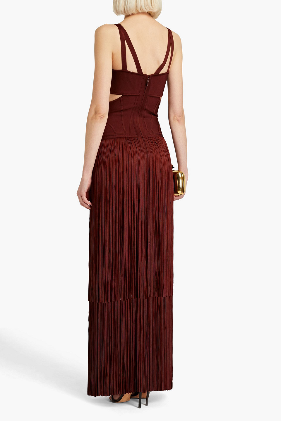 Herve Leger Fringed-hem Cut-out Recycled Rayon-blend Gown In Chocolate