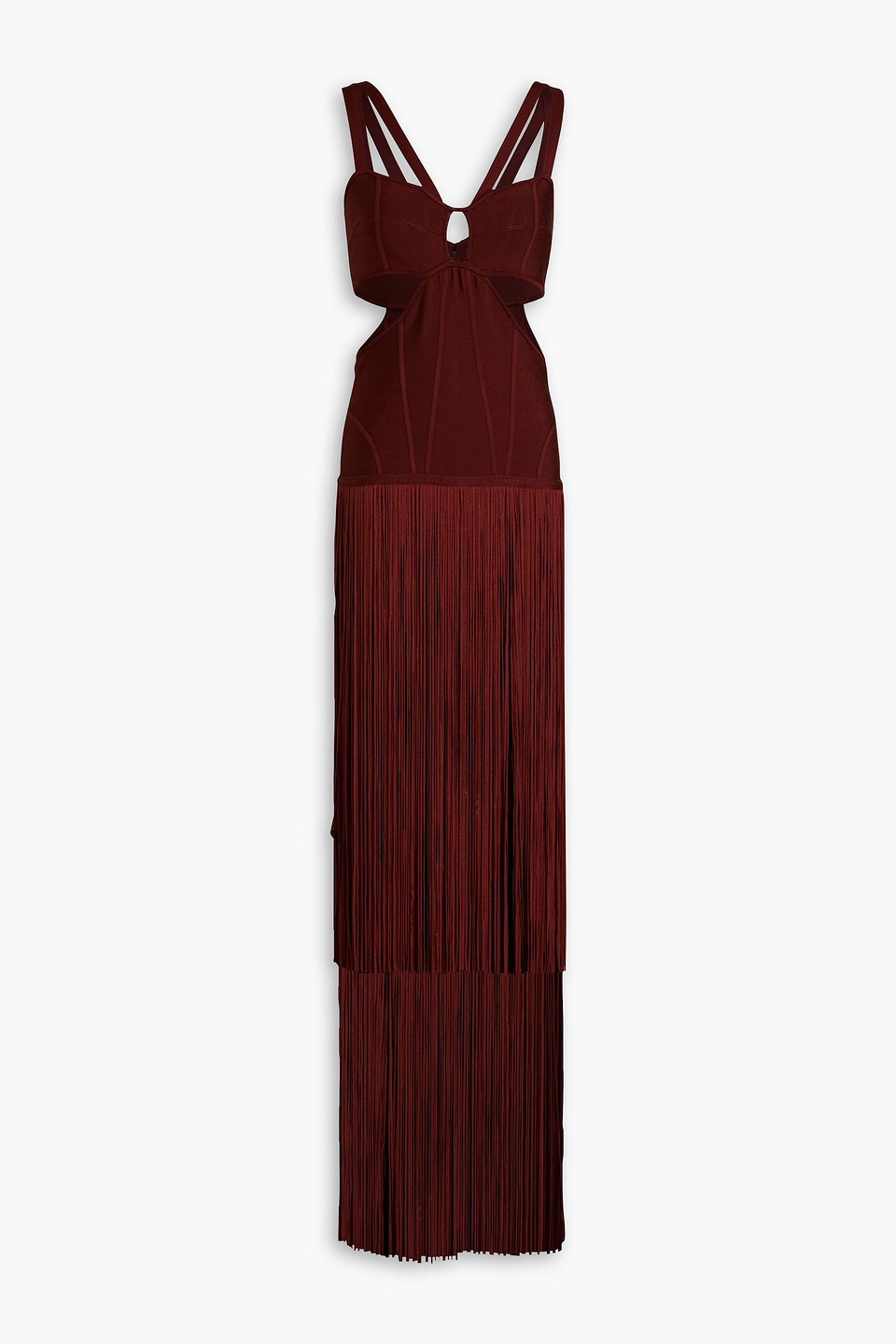 Herve Leger Fringed-hem Cut-out Recycled Rayon-blend Gown In Mahogany