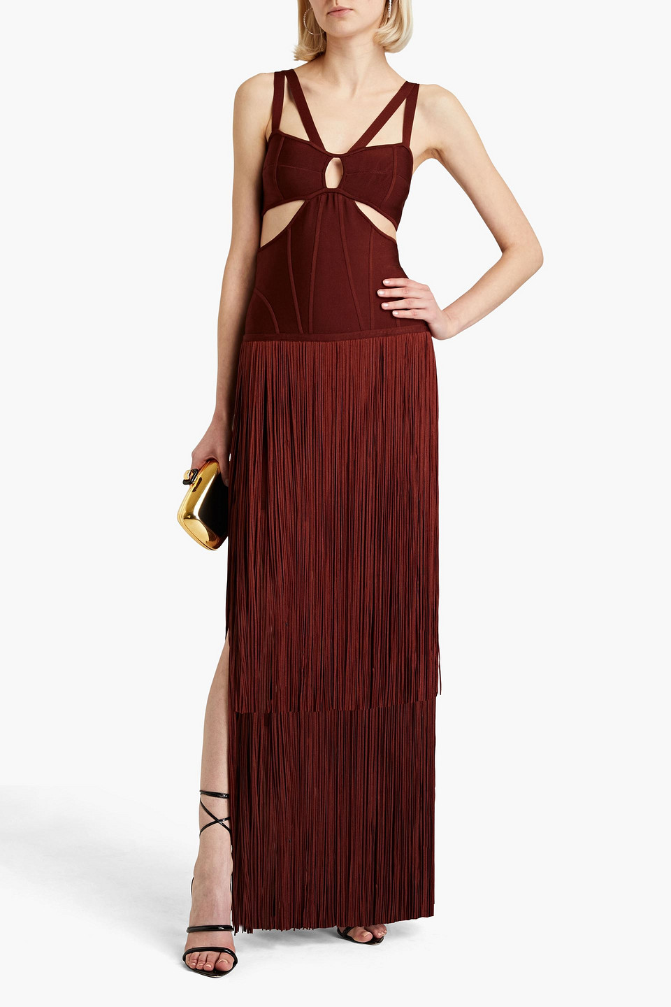 Herve Leger Fringed-hem Cut-out Recycled Rayon-blend Gown In Chocolate
