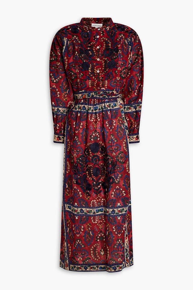 Tamir embroidered printed cotton-gauze midi dress