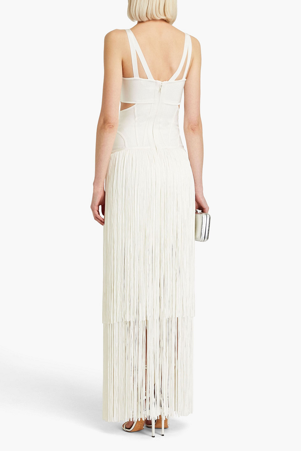 Shop Herve Leger Cutout Fringed Bandage Gown In Ivory