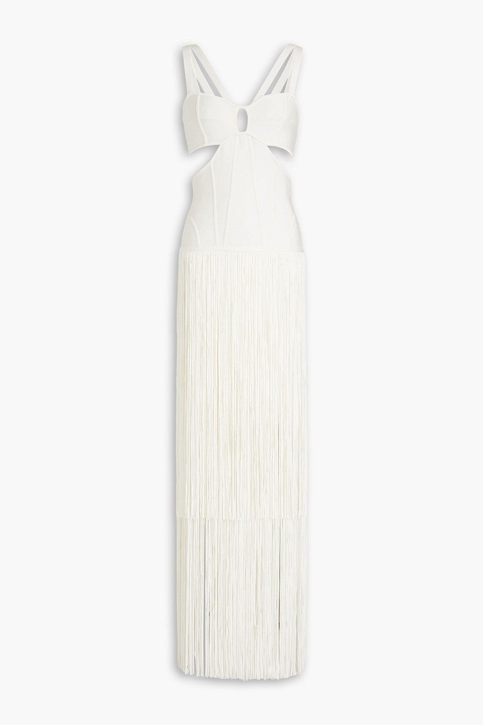 Herve Leger Cutout Fringed Bandage Gown In Ivory