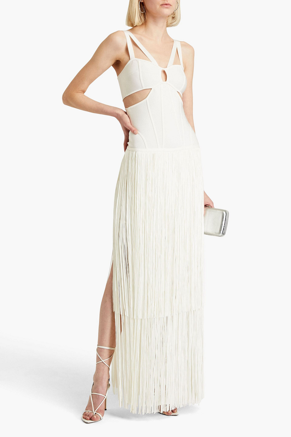 Shop Herve Leger Cutout Fringed Bandage Gown In Ivory