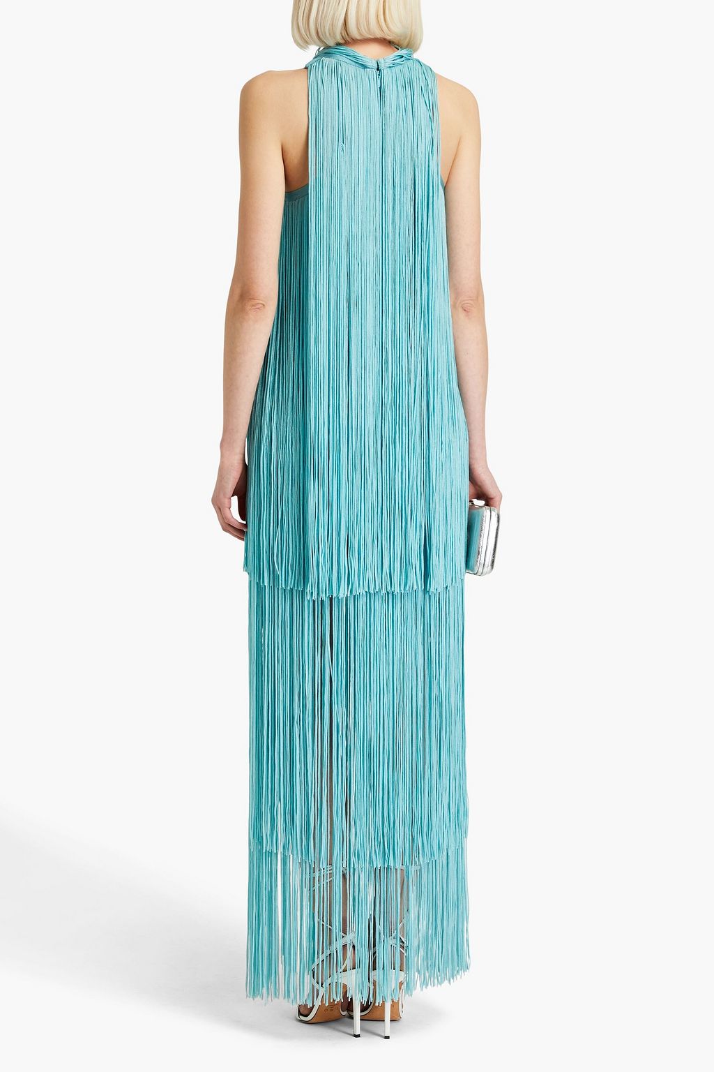 HERVÉ LÉGER Fringed metallic bandage gown