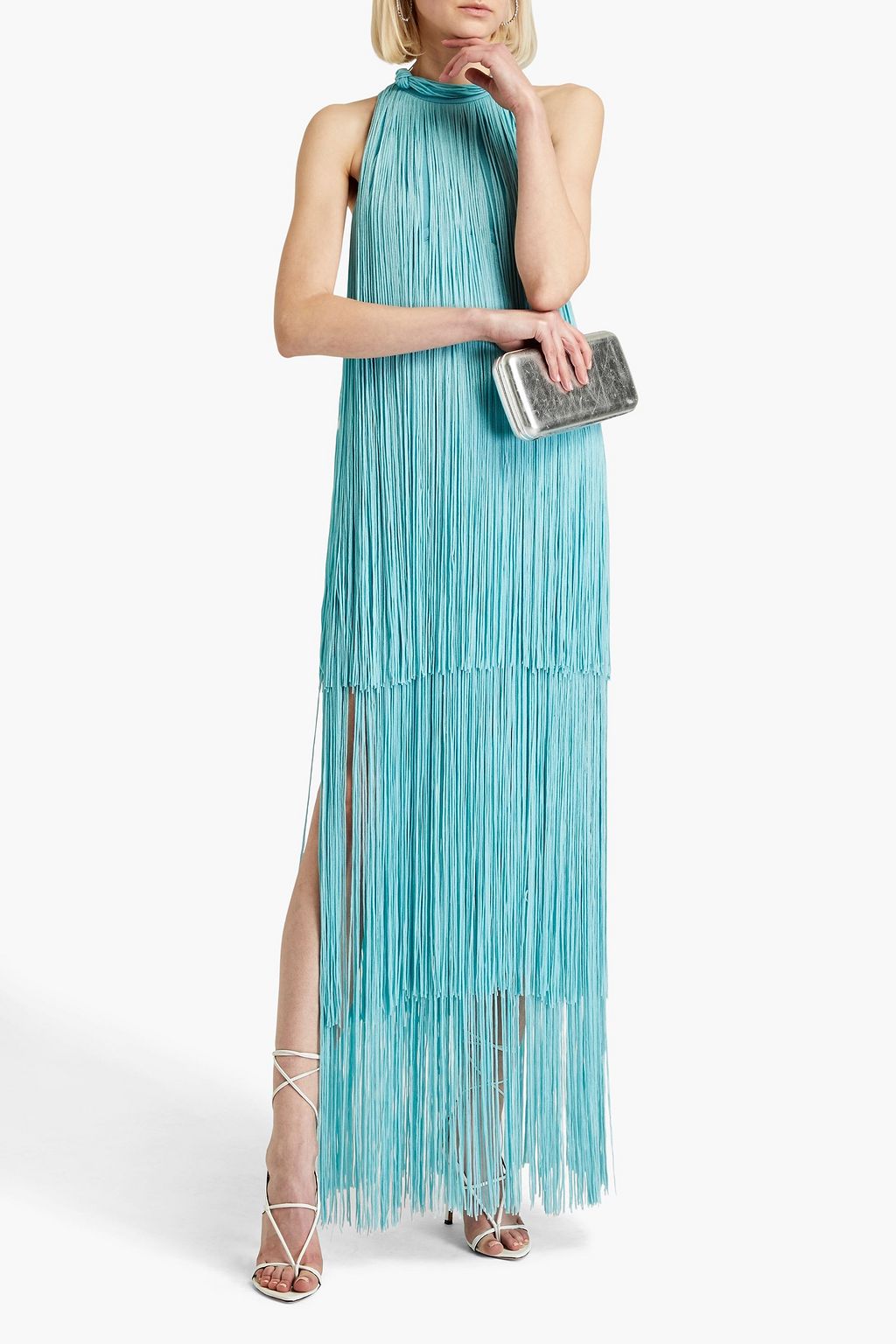HERVÉ LÉGER Fringed metallic bandage gown