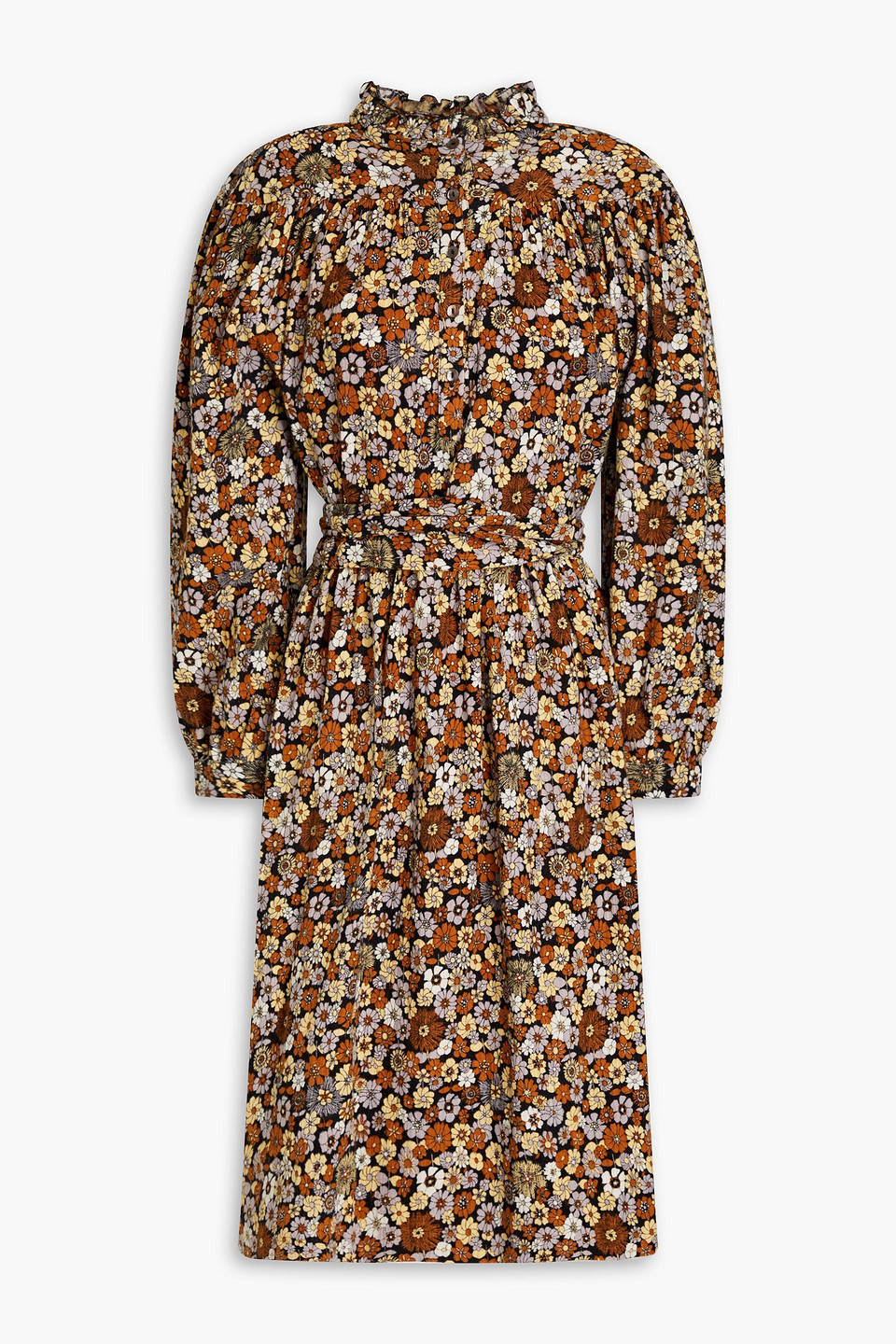 Gathered floral-print cotton dress