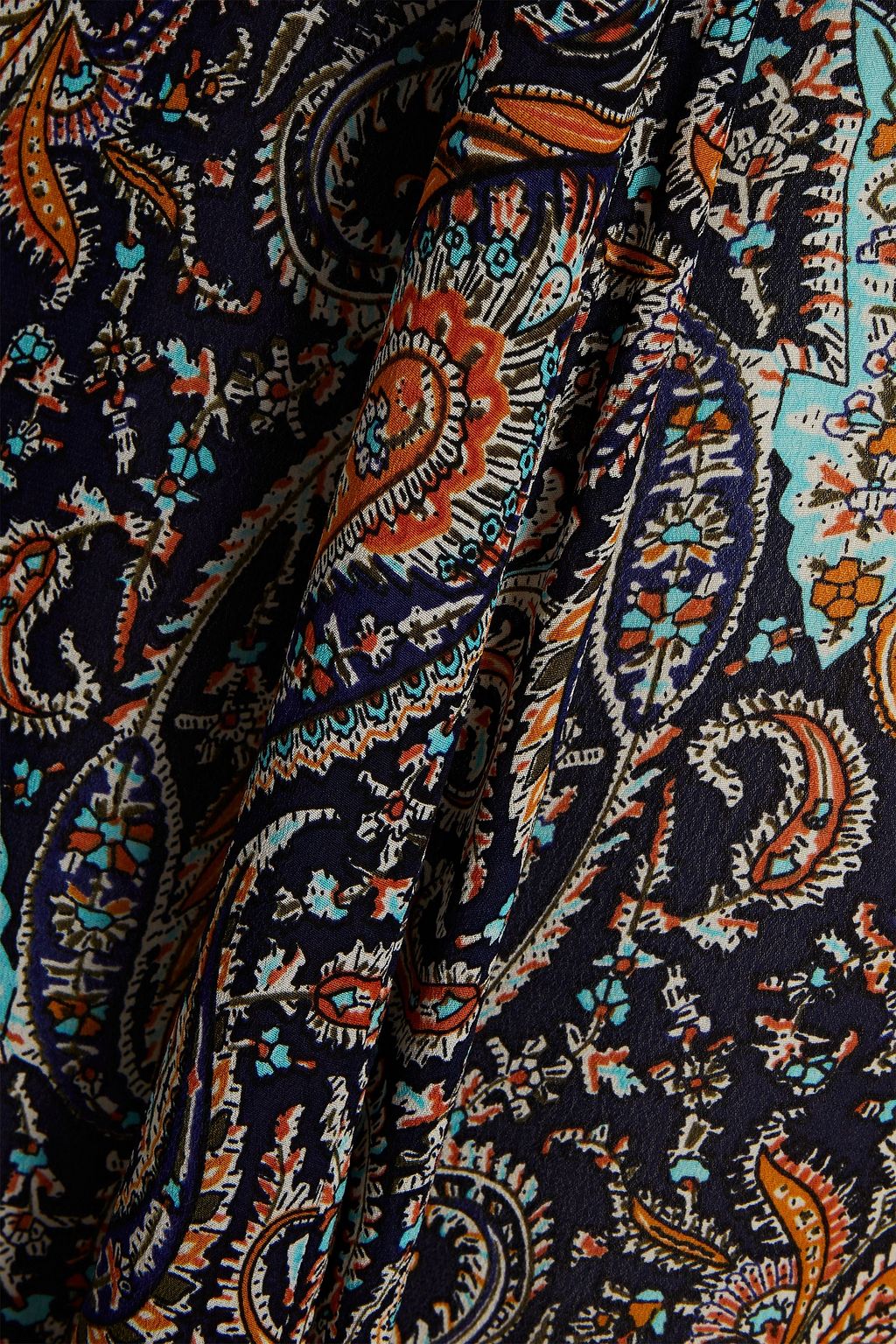 ANTIK BATIK 개더 디테일 페이즐리 프린트 크레이프 드 신 미디 드레스