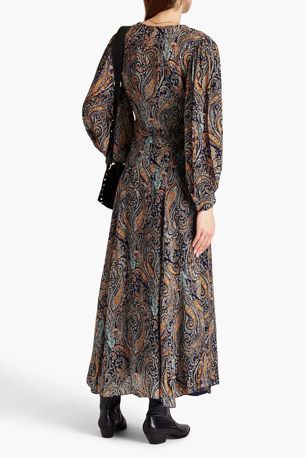 ANTIK BATIK 개더 디테일 페이즐리 프린트 크레이프 드 신 미디 드레스