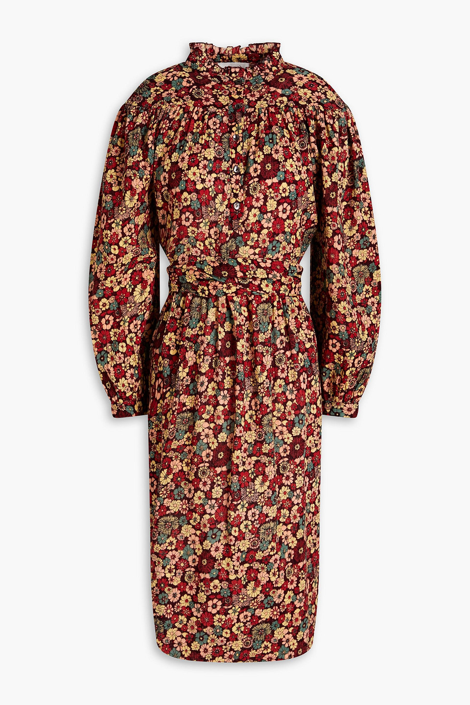 Antik Batik Colline Gathered Floral-print Cotton Dress In Burgundy