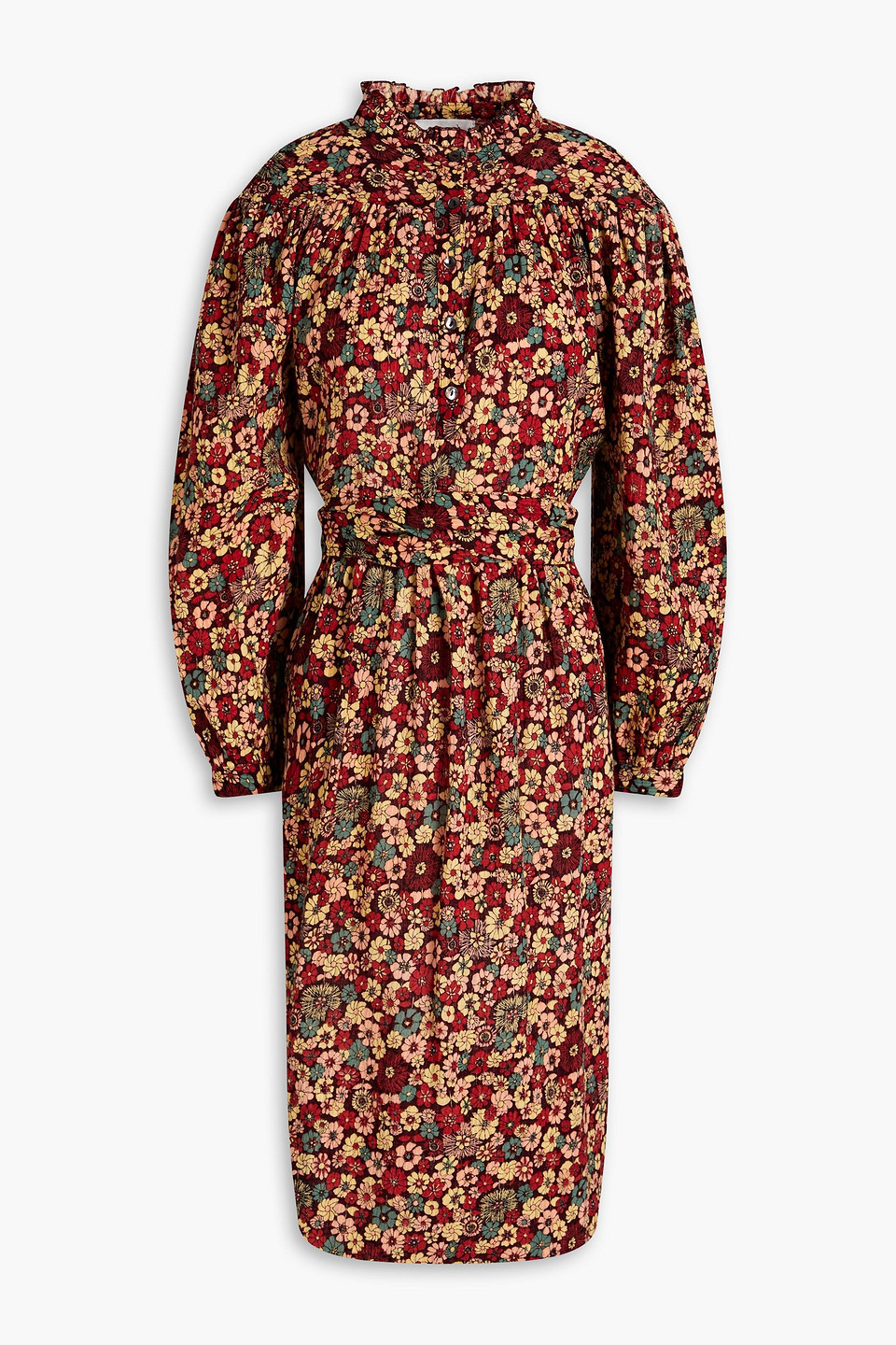 Shop Antik Batik Colline Gathered Floral-print Cotton Dress In Burgundy