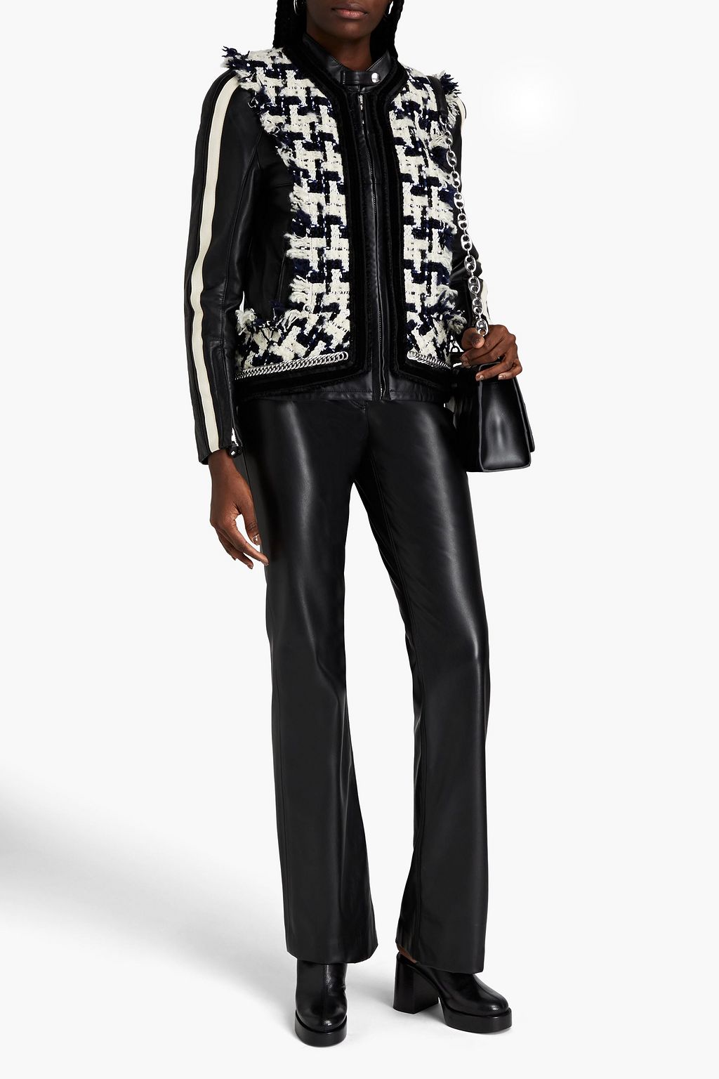 ALEXANDER WANG Embellished tweed-paneled leather jacket