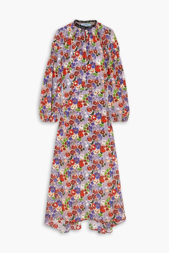Lace-trimmed shirred floral-print silk-crepe midi dress