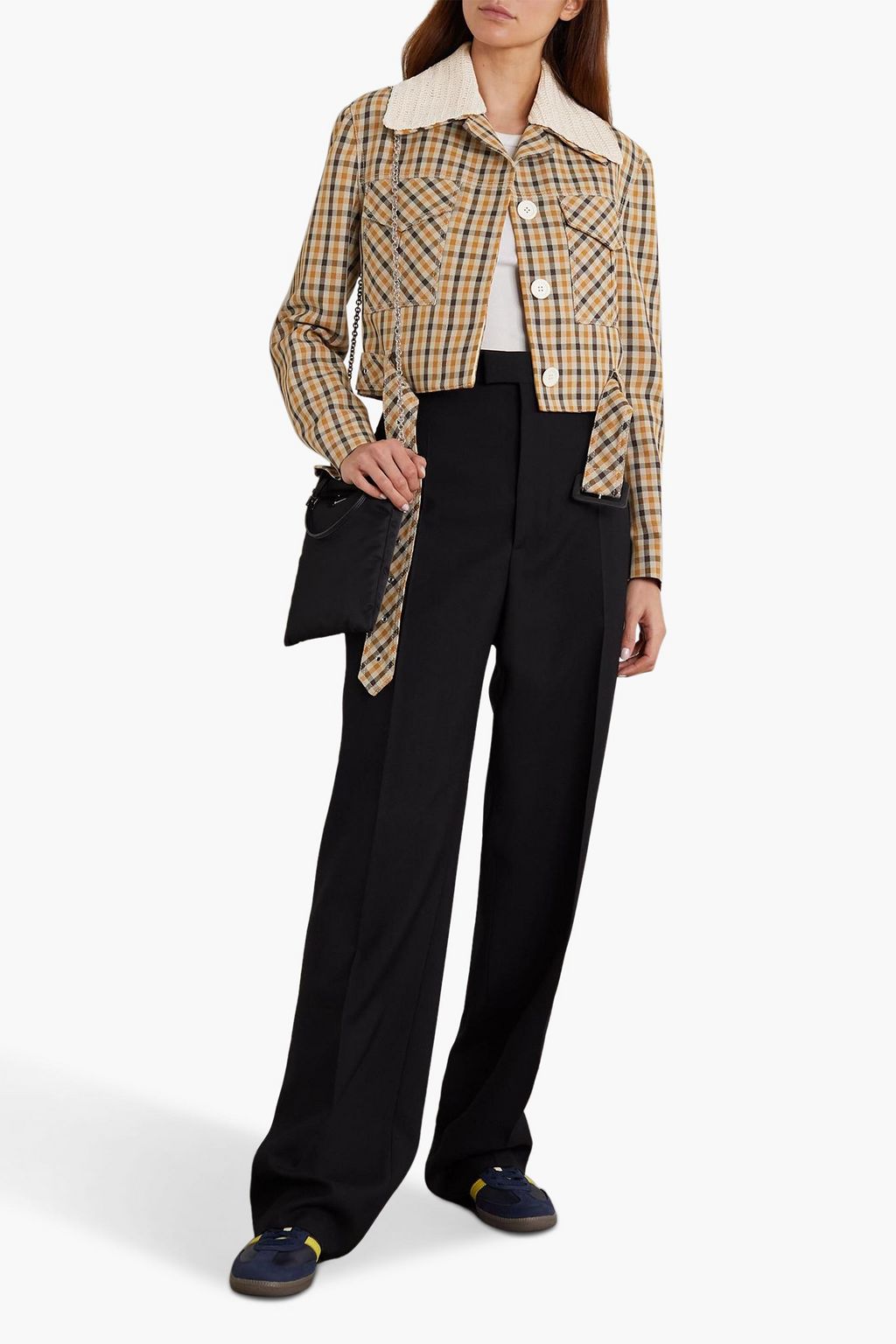 WALES BONNER Kalimba cropped checked crochet-trimmed wool-blend jacket