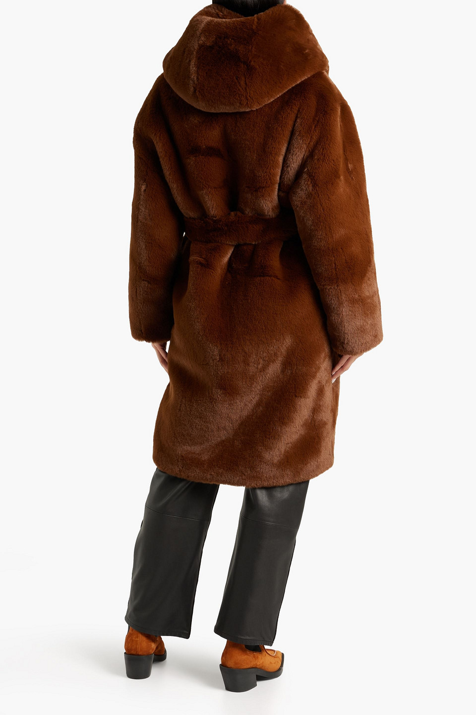 Each X Other Belted Faux Fur Hooded Coat In Brown