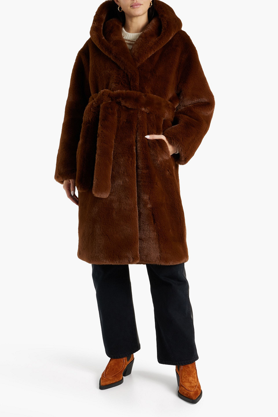 Each X Other Belted Faux Fur Hooded Coat In Brown