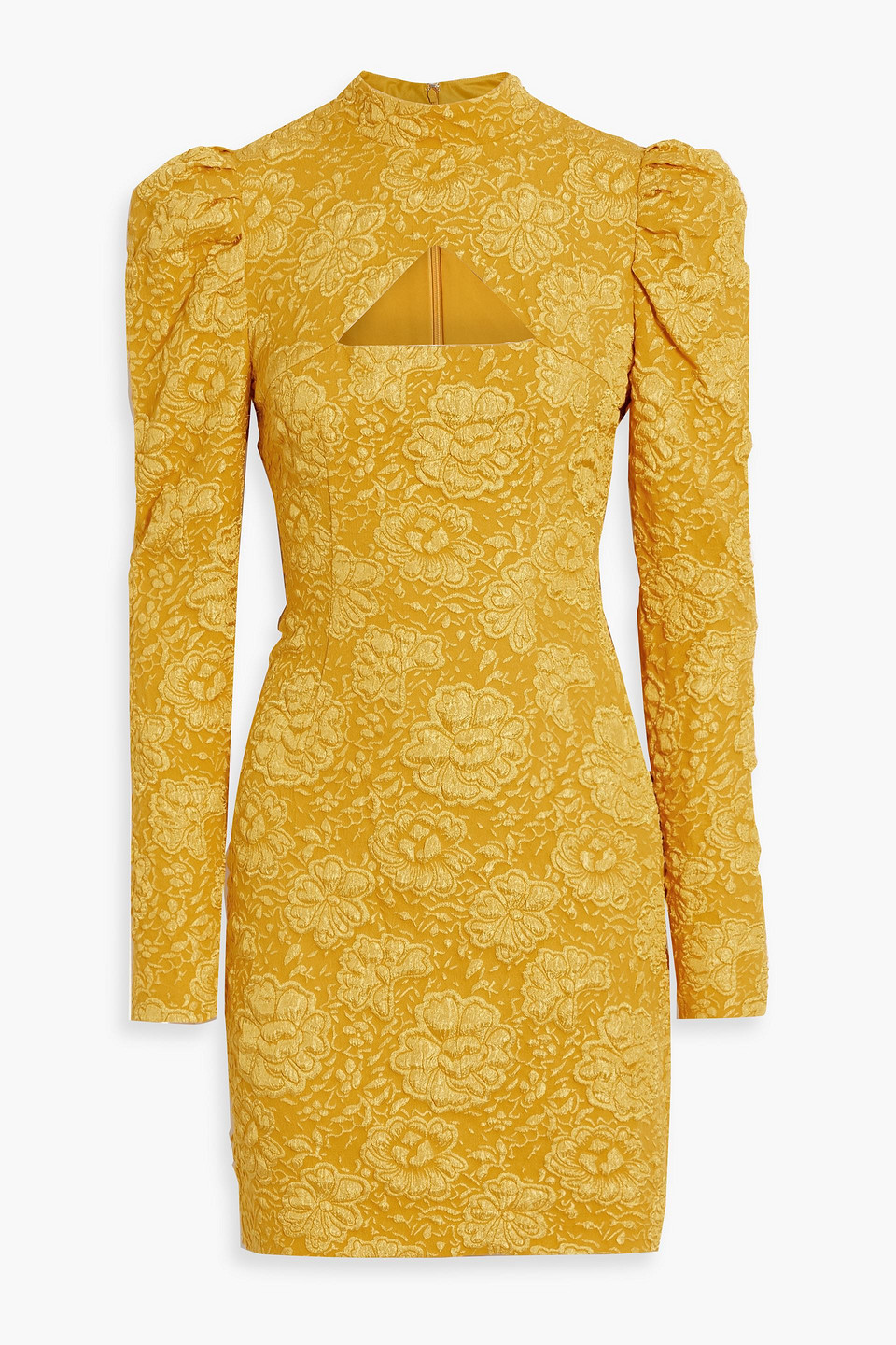 Cutout gathered floral-jacquard mini dress