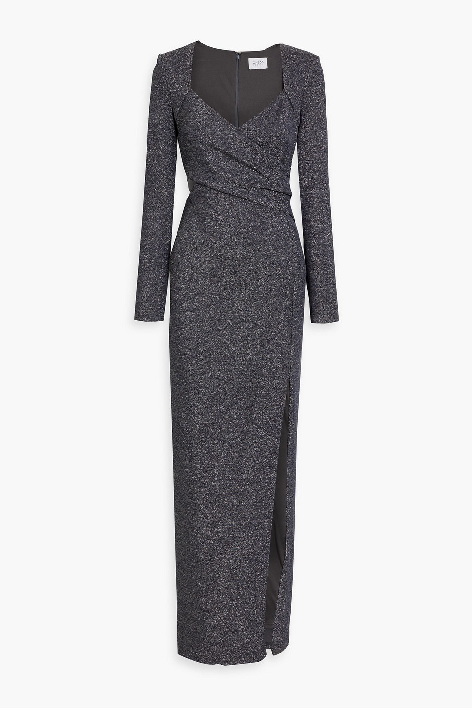 Wrap-effect metallic jersey gown