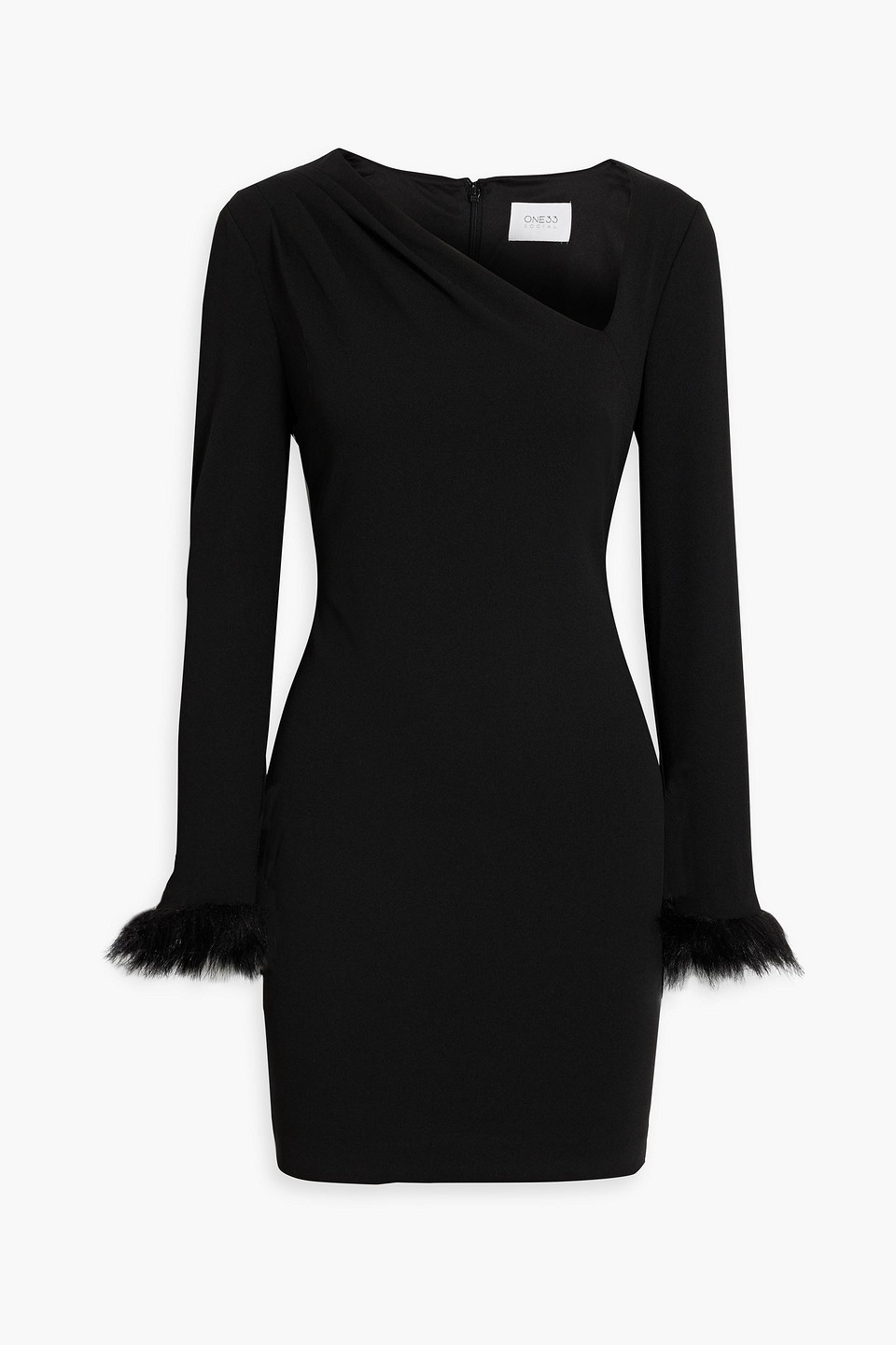 Faux fur-trimmed crepe mini dress