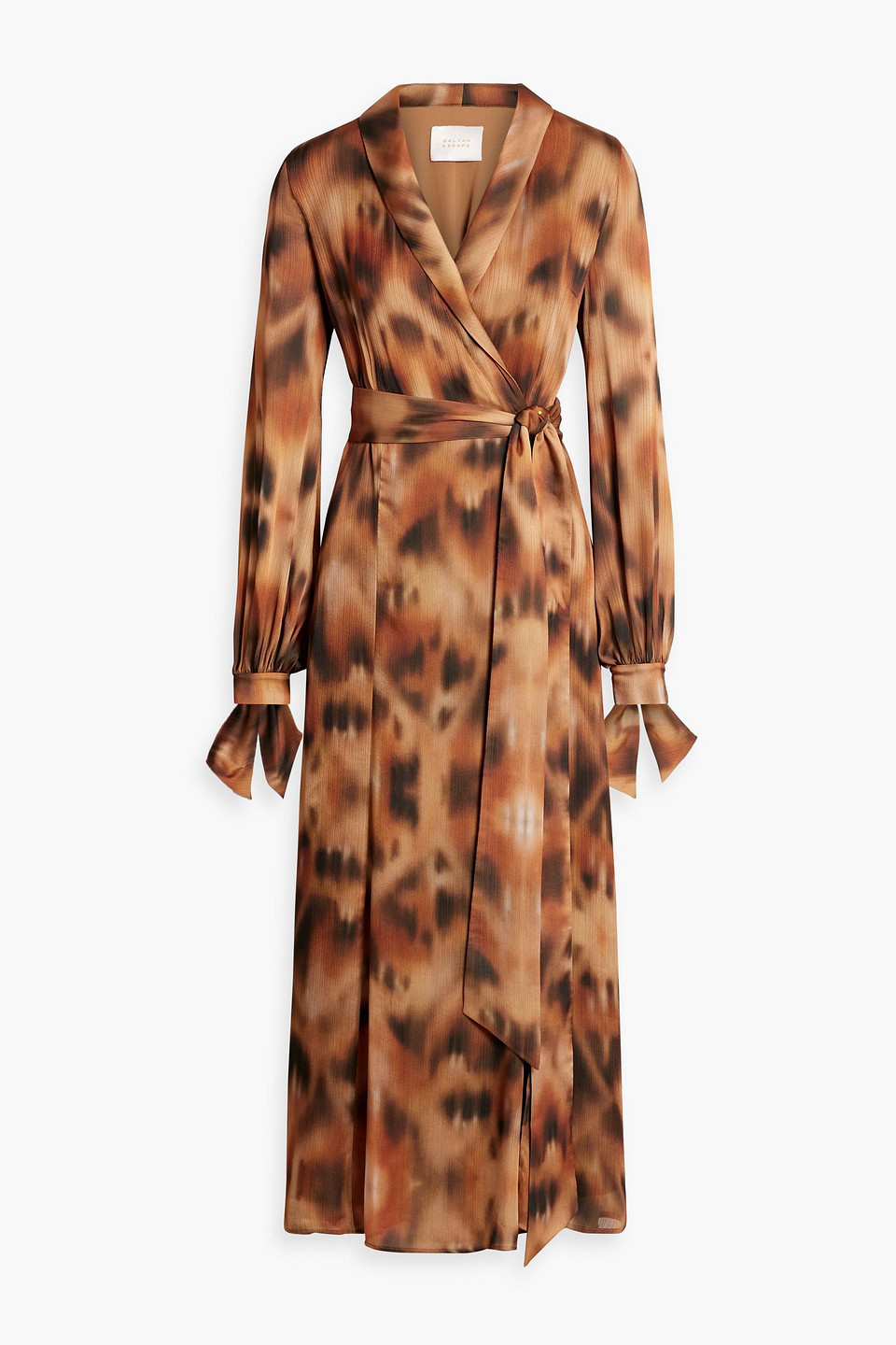 Shop Galvan Cabana Printed Crepon Maxi Wrap Dress In Light Brown