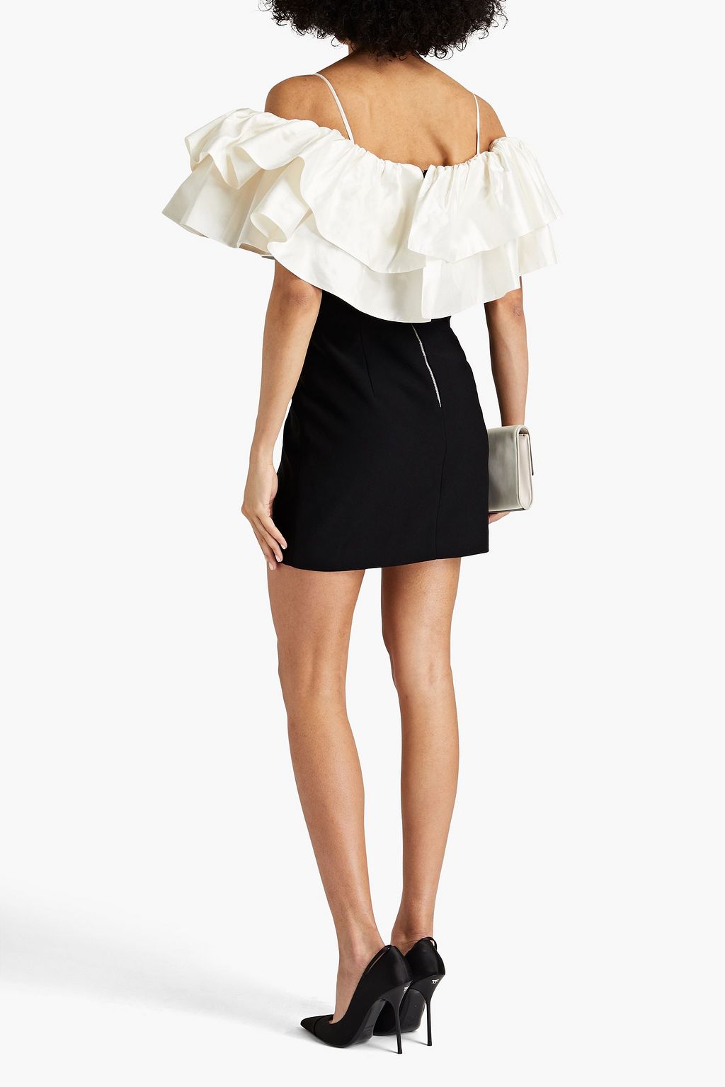 RASARIO Cold-shoulder ruffled taffeta-paneled crepe mini dress
