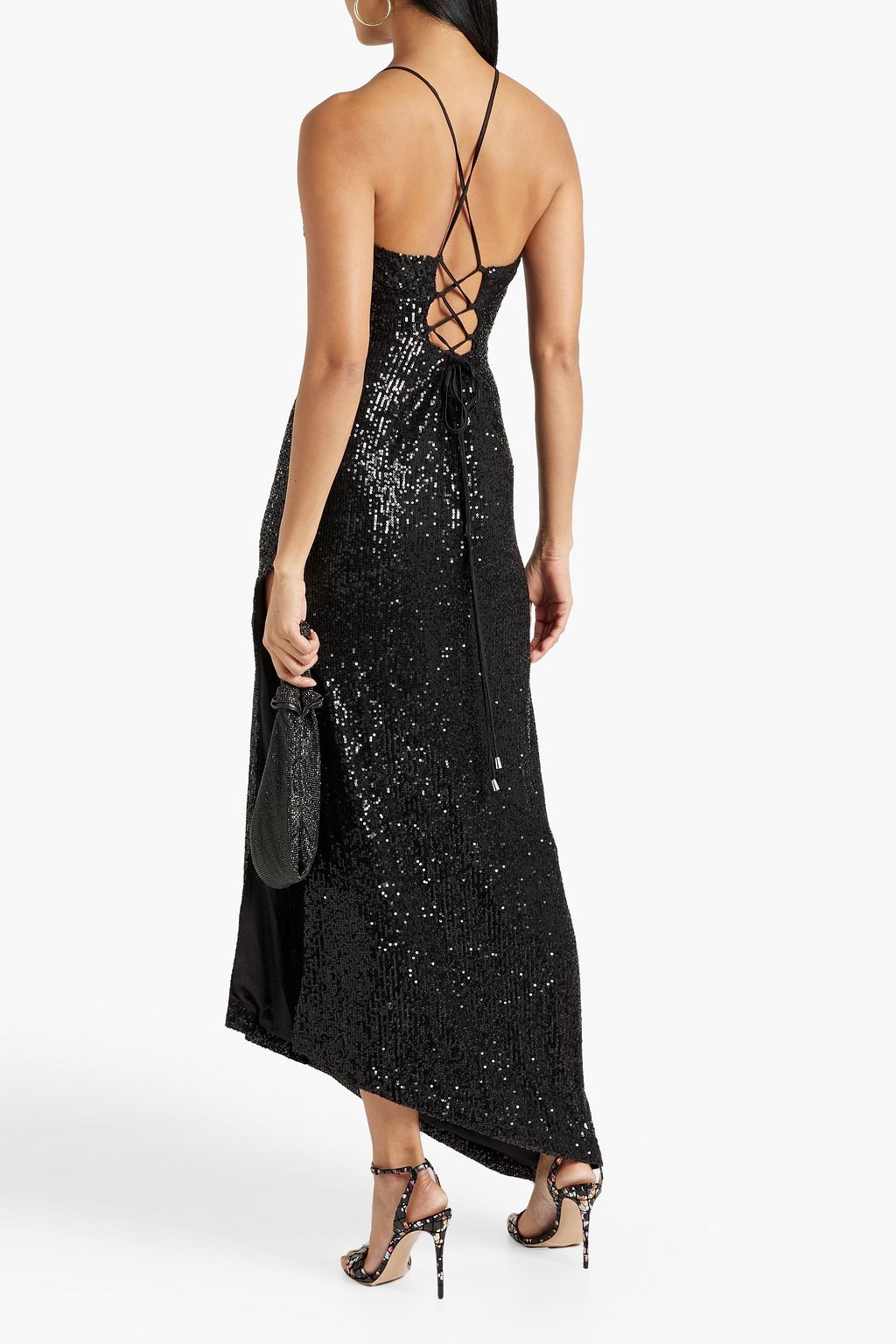 RETROFÊTE Violet asymmetric lace-up sequined stretch-tulle gown