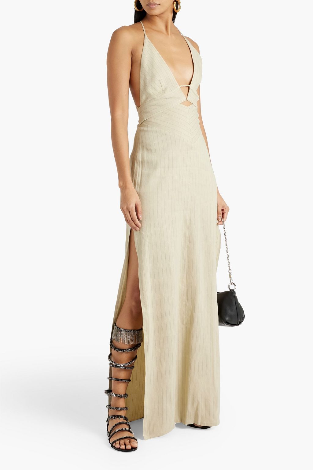 GALVAN  LONDON Isola cutout pinstriped linen-blend maxi dress