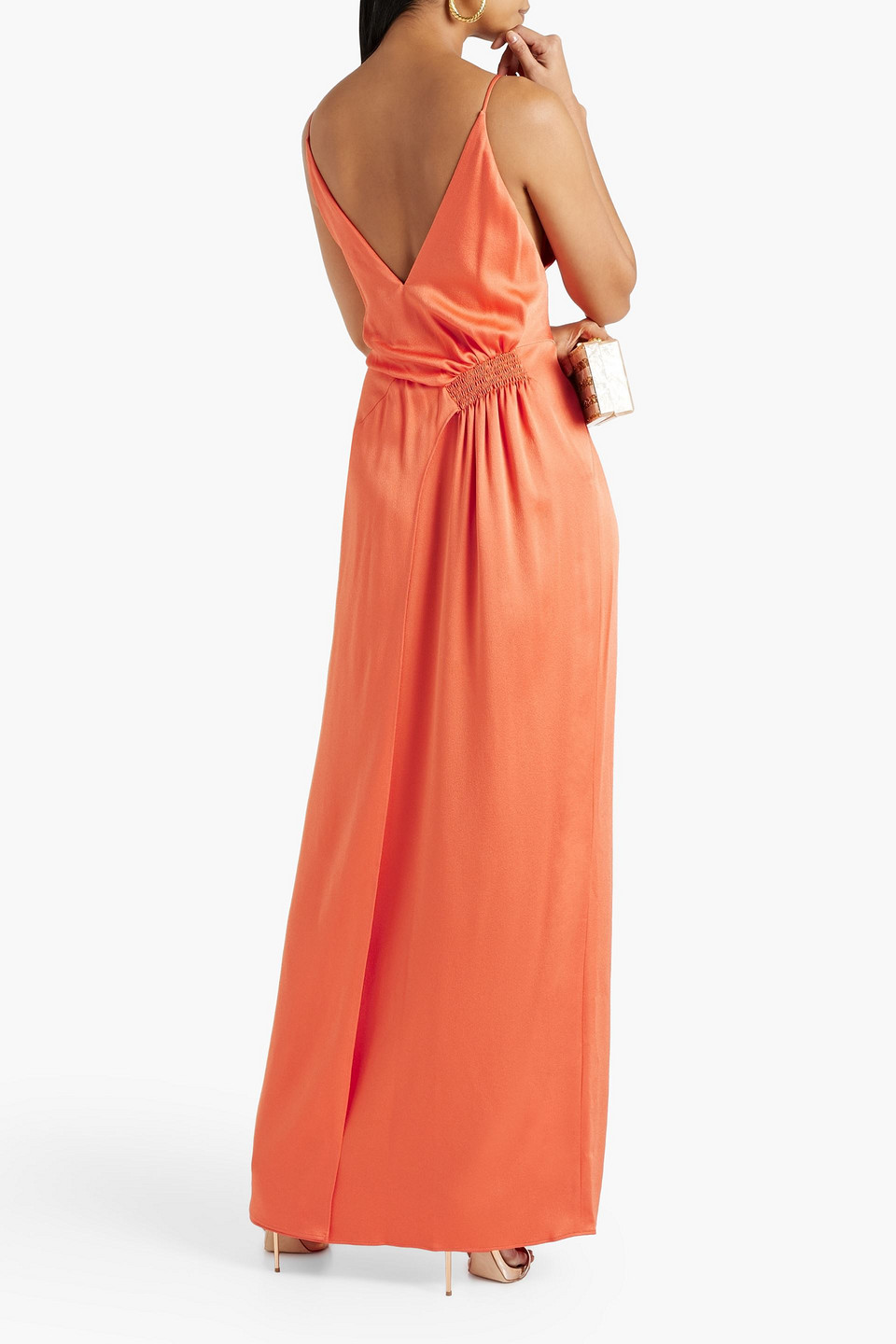 Shop Galvan Rose Shirred Satin-crepe Maxi Dress In Coral