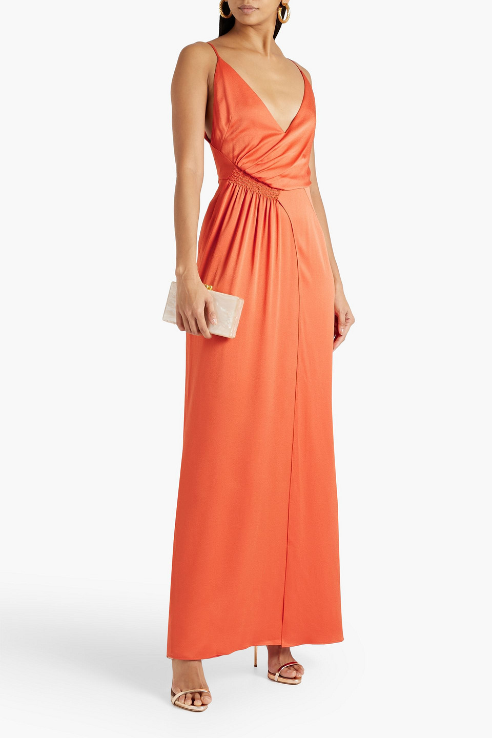 Shop Galvan Rose Shirred Satin-crepe Maxi Dress In Coral