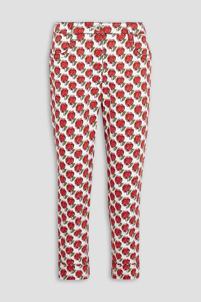 Cropped printed mid-rise slim-leg jeans